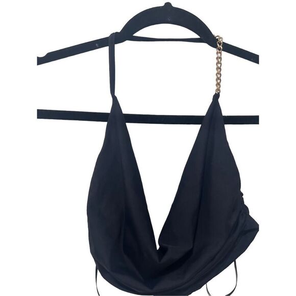 L*Space Halter Cowl Neck Gold Chain Accent Voltaire Bikini Top Black Small NWT - Picture 2 of 7